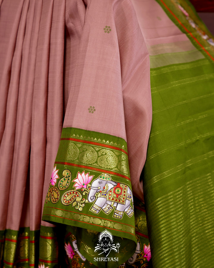 Handloom Pure Kanjivaram Silk Saree in Real Zari with Tanjore Yanai and Kamalam Artwork