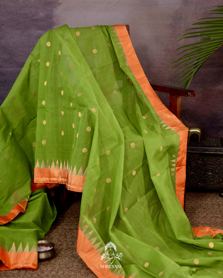 Handwoven Pure Ponduru Khadi Jamdani Saree in Fresh Leaf Green with Woven Floral & Bird Pallu