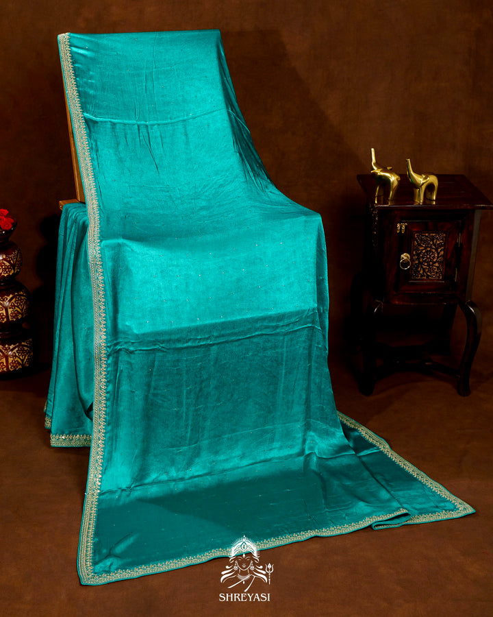 Pure Crepe Satin Saree with Embroidered Borders and Fully Embroidered Blouse