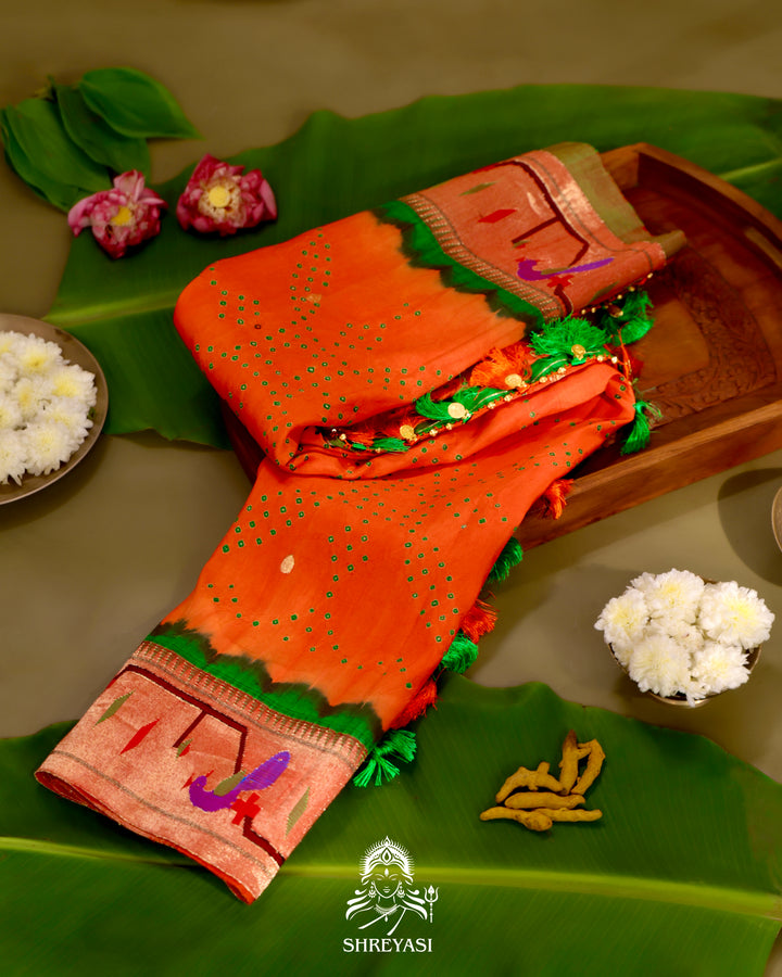 Paithani Bandhini Silk Saree with Parrot Peacock Border