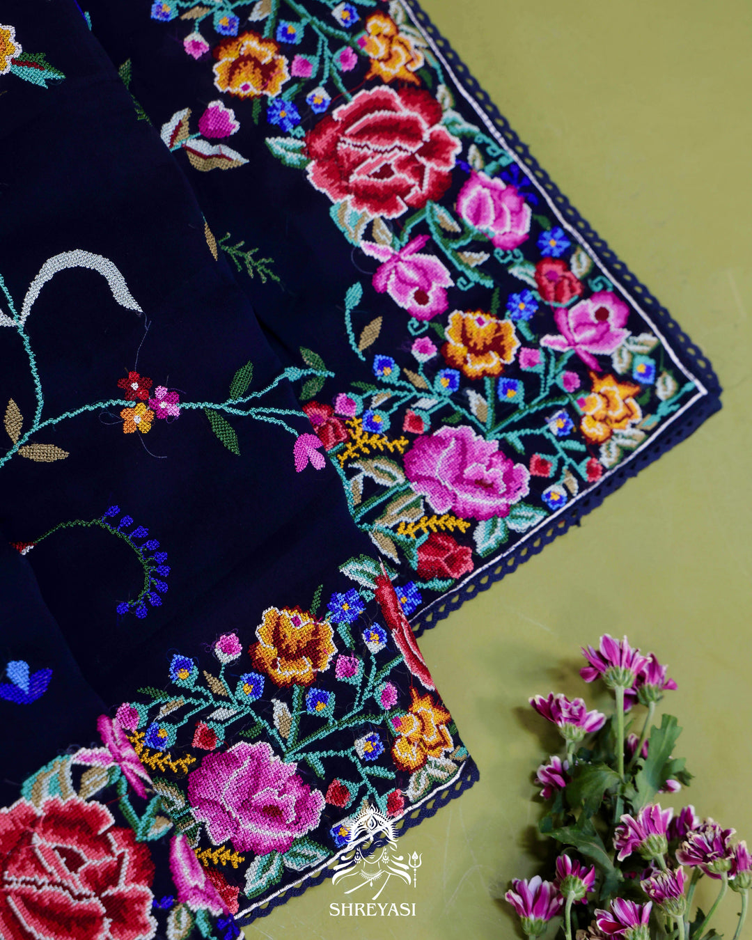 Pure Georgette Saree with Petit Point Embroidery and Lace Borders