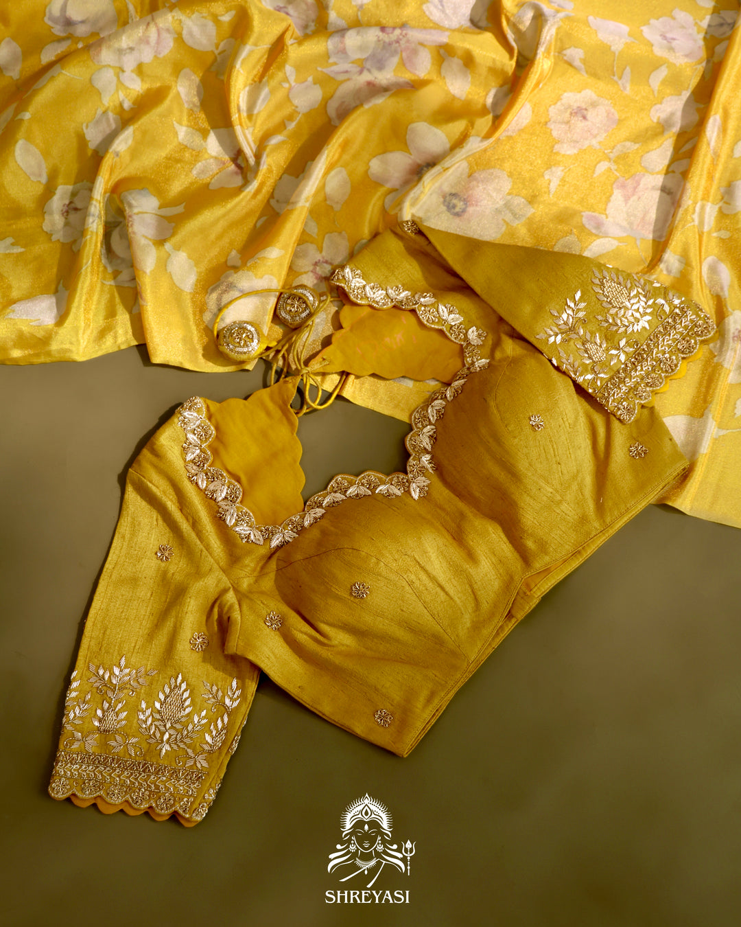 Yellow Floral Banarasi Ektara Tissue Silk Saree with Embroidered Blouse