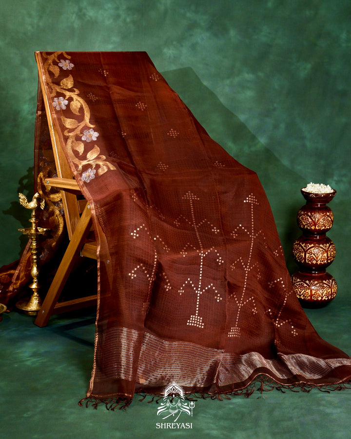 Handloom Pure Double Thread Muslin Jamdani Saree with Sona Rupa Zari & Sequence Weaving