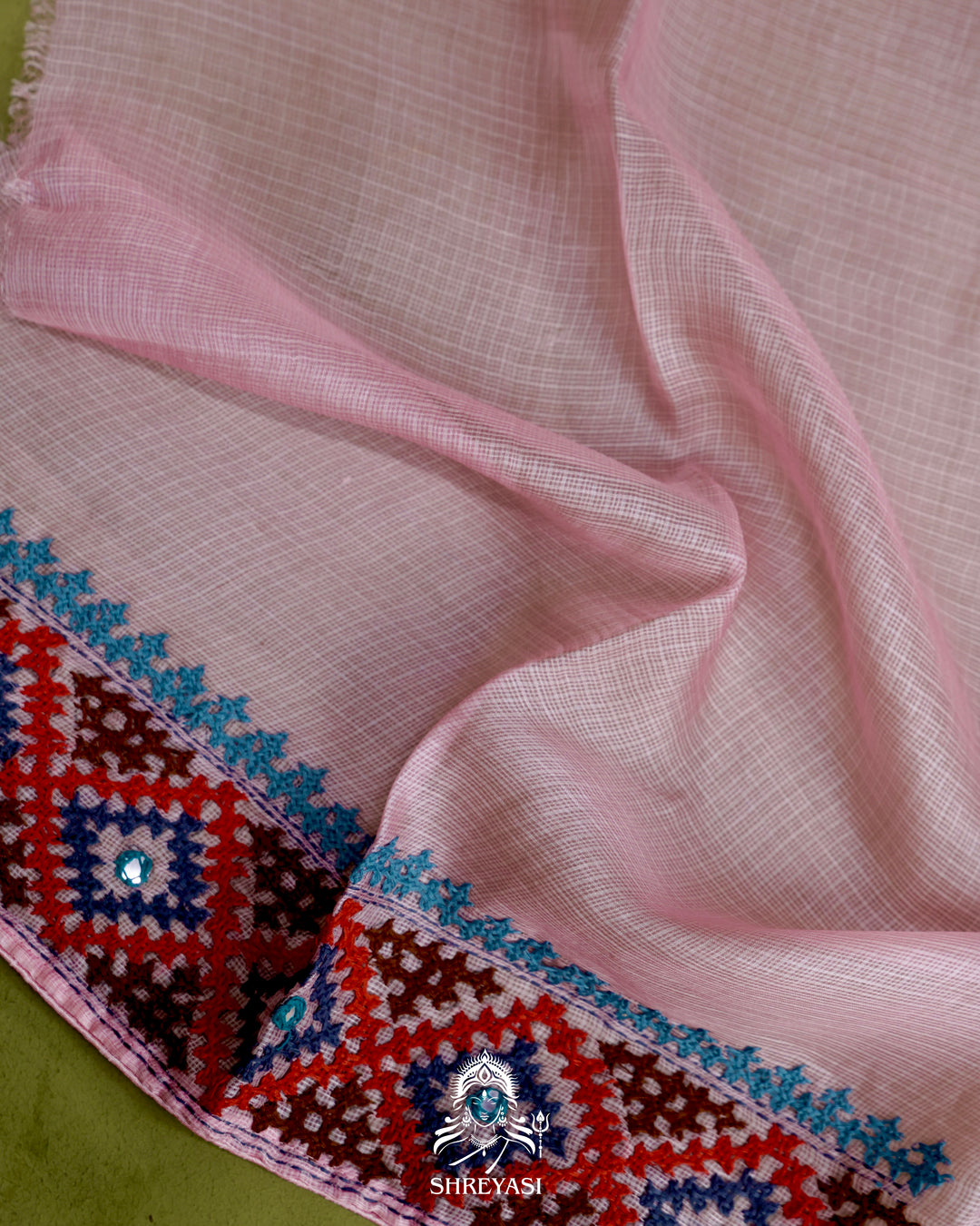 Handloom Pure Tussar Kota Saree with Kutch Hand Embroidery and Mirror Work