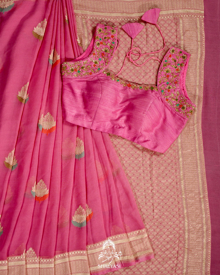 Banarasi Chiffon Khaddi Georgette Saree with Meenakari Weaving & Hand Embroidered Blouse