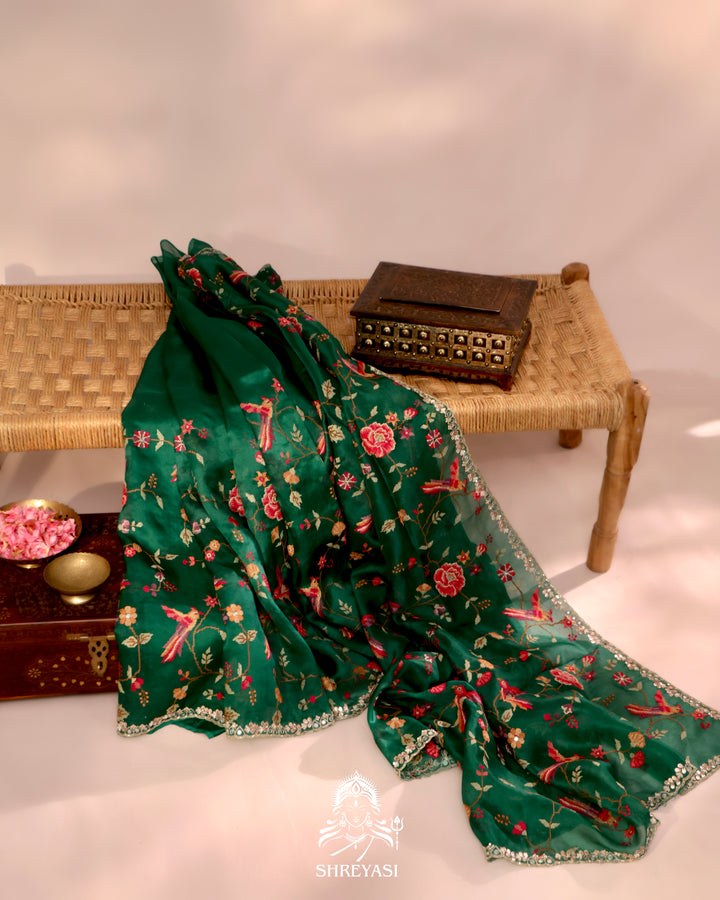 Organza Silk Saree with All-Over Petit Point Embroidery and Gotapatti Border
