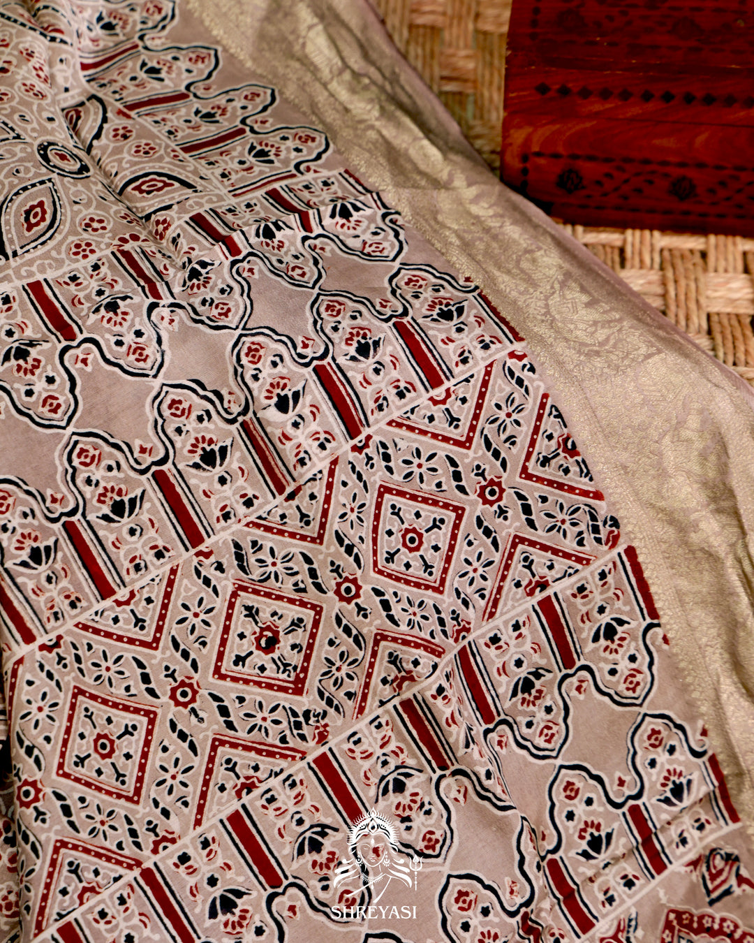 Hand Block Printed Ajrakh Dola Silk Saree with Zari Brocade Blouse