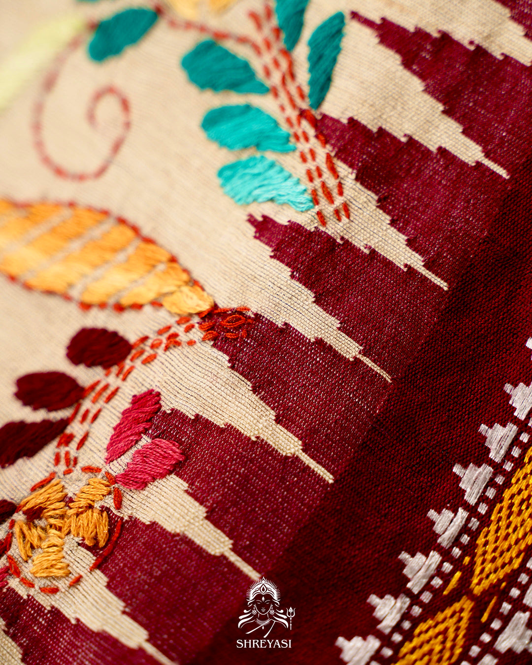 Handloom Pure Vidarbha Tussar Silk Saree with Karvati Kinar Border and Kantha Embroidery