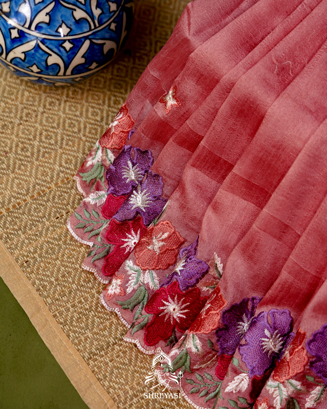 Tussar Silk Saree with Resham Floral Embroidery Border