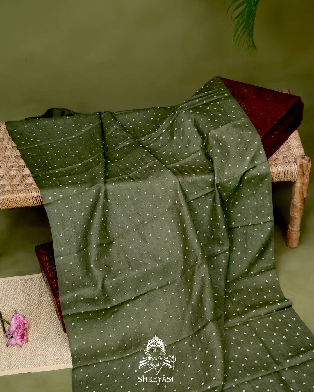 Handloom Pure Tussar Silk Saree with Hand Knotted Bandhej and Pen Kalamkari Pallu and Blouse