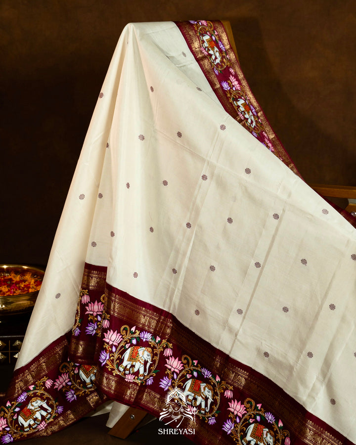 Traditional Tanjore Painting on Handloom Pure Kanjivaram Silk Sarees with Real Zari