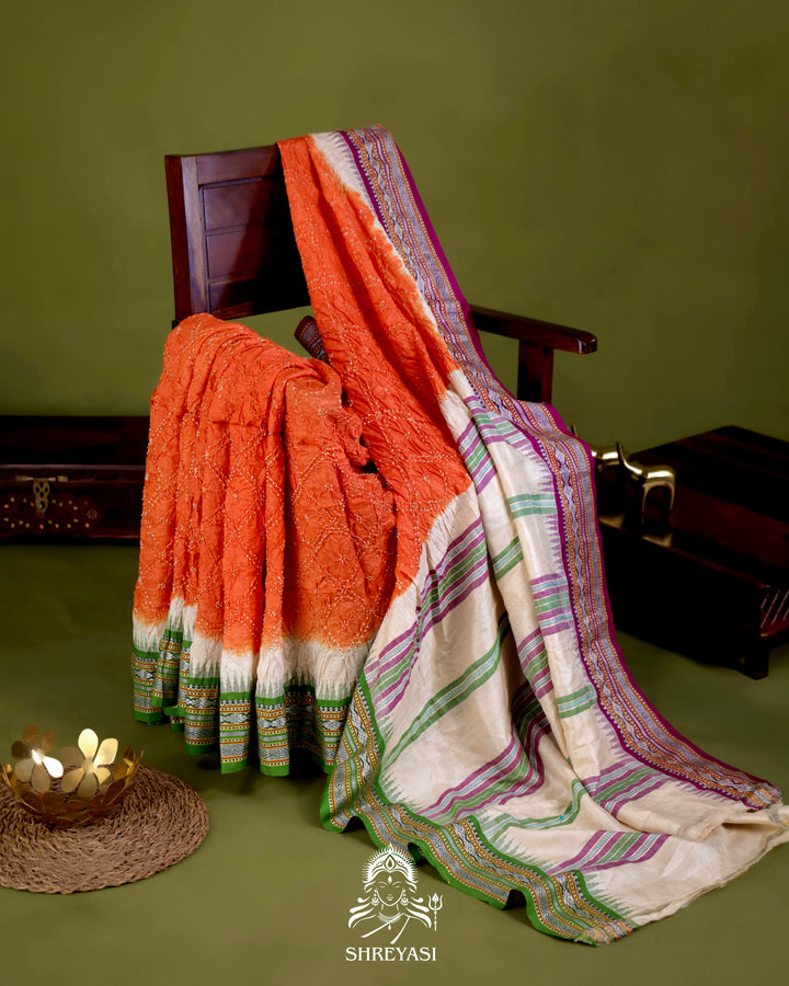 Vidarbha Karvati Kinar Tussar Silk Saree with Hand-Knotted Bandhej