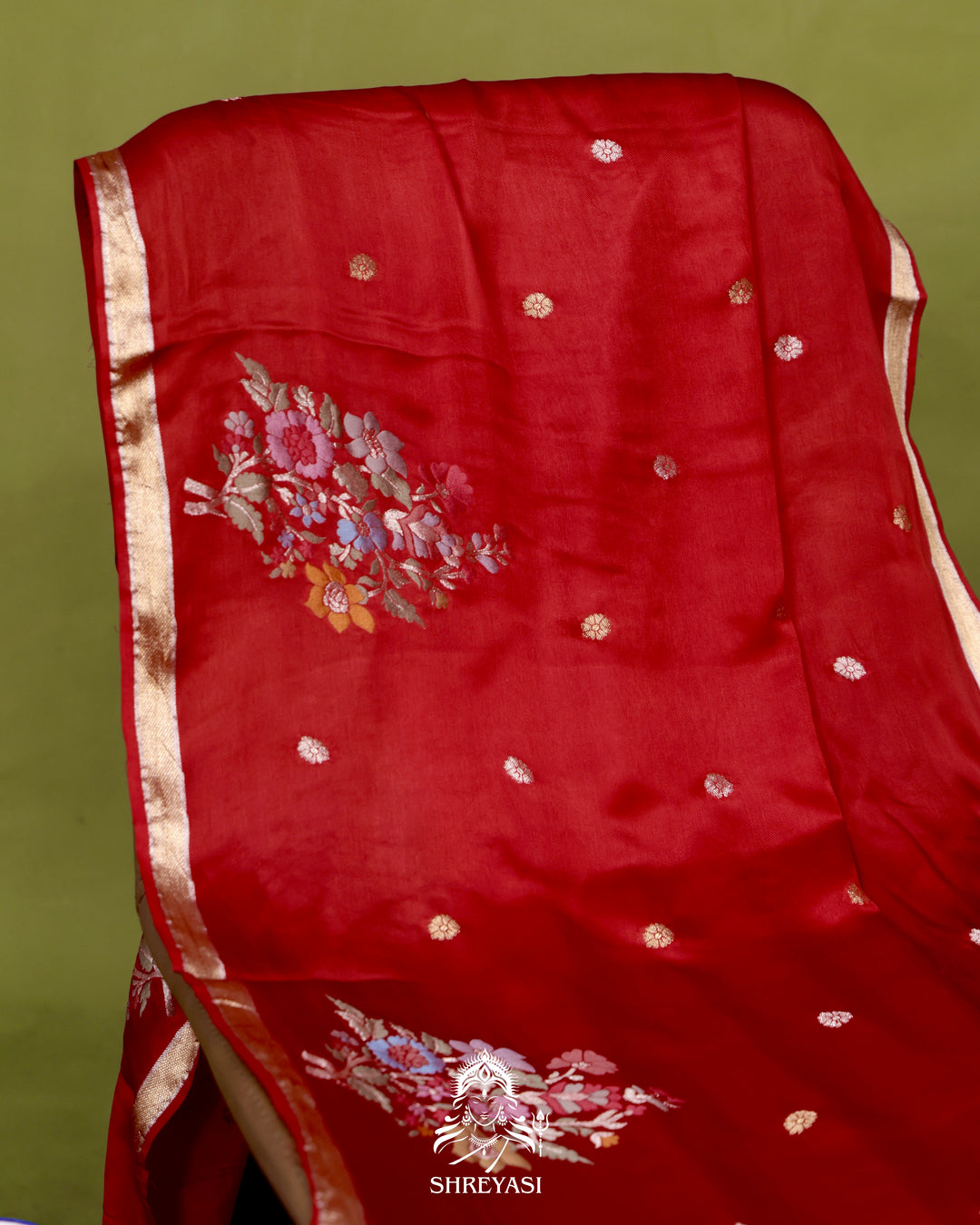 Handloom Pure Mashru Silk Saree with Sona Rupa Meenakari Bhutis and Nakshi Pallu
