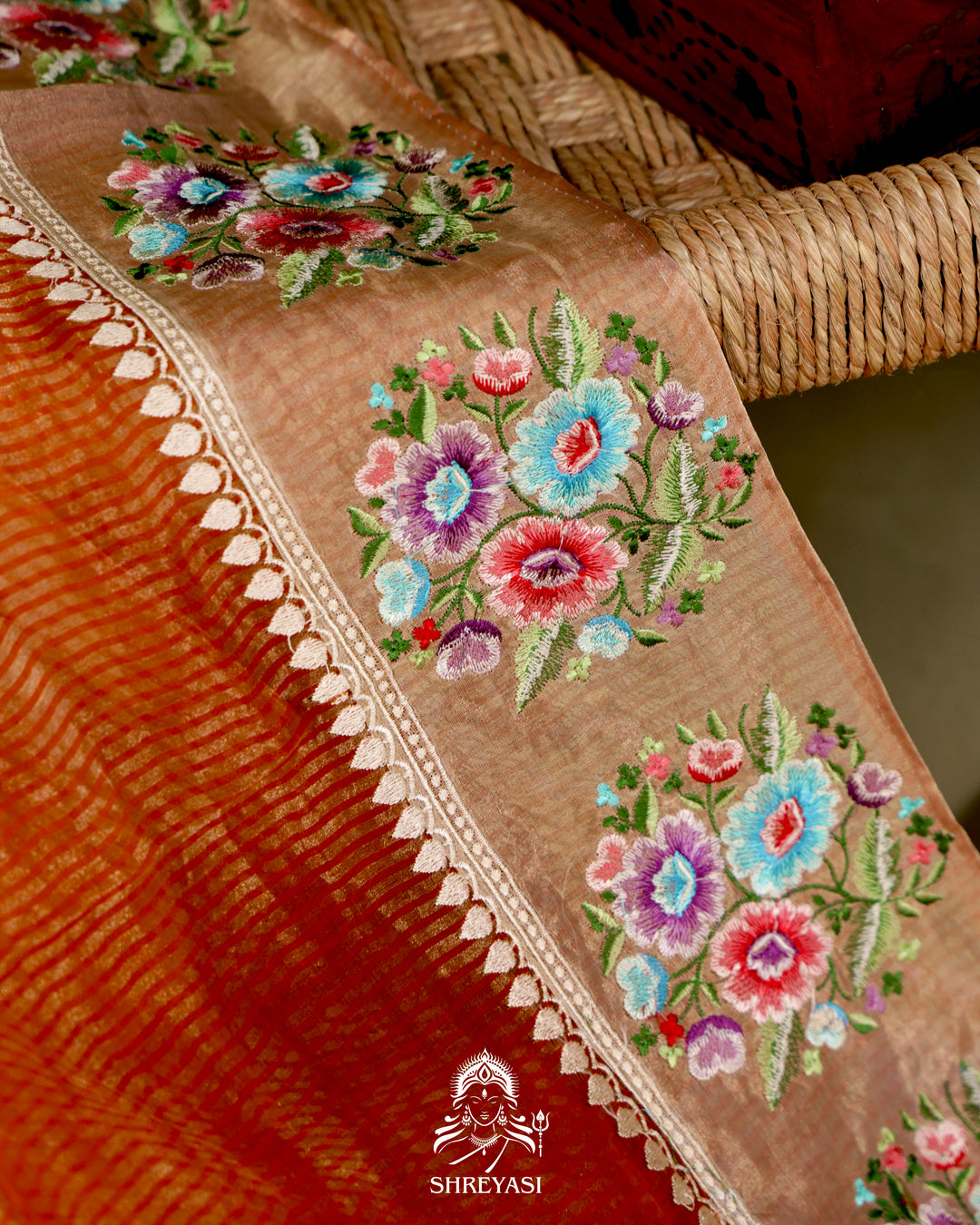 Handloom Banarasi Tissue Stripe Silk Saree with Satin Stitch Floral Embroidered Borders