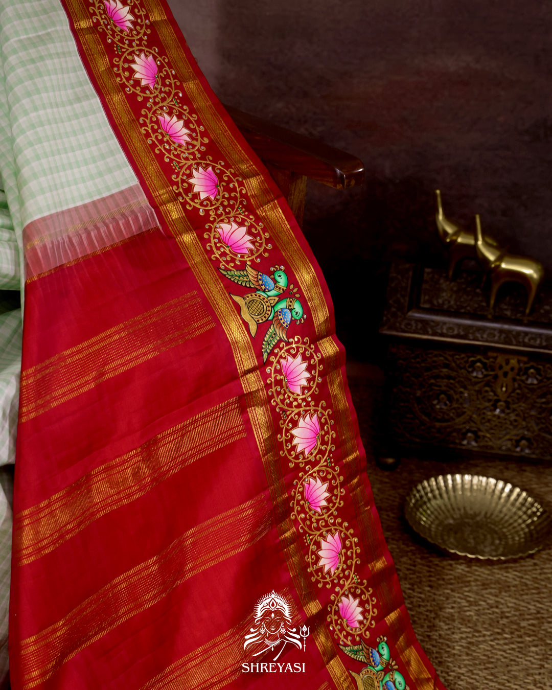 Handloom Pure Kanjivaram Silk Saree in Real Zari with Tanjore Kili and Kamalam Artwork