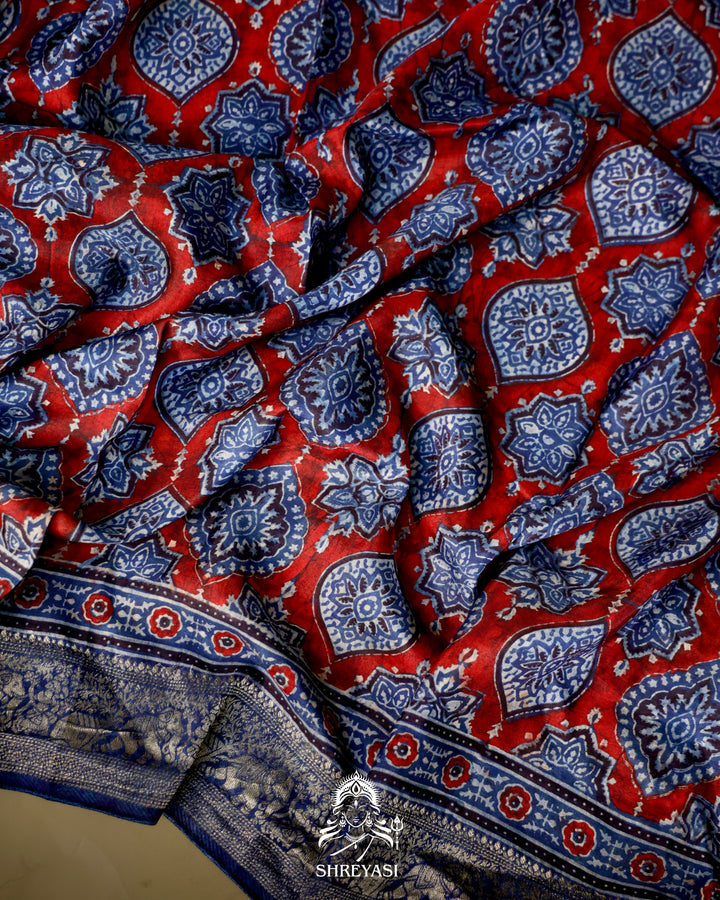 Hand Block Printed Ajrakh Dola Silk Saree with Zari Brocade Blouse