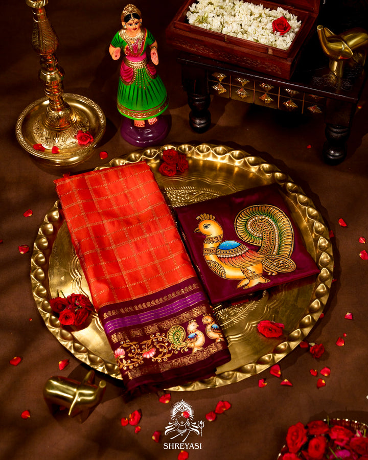Handloom Pure Kanjivaram Silk Sarees with Real Zari and Hand Painted Tanjore Art