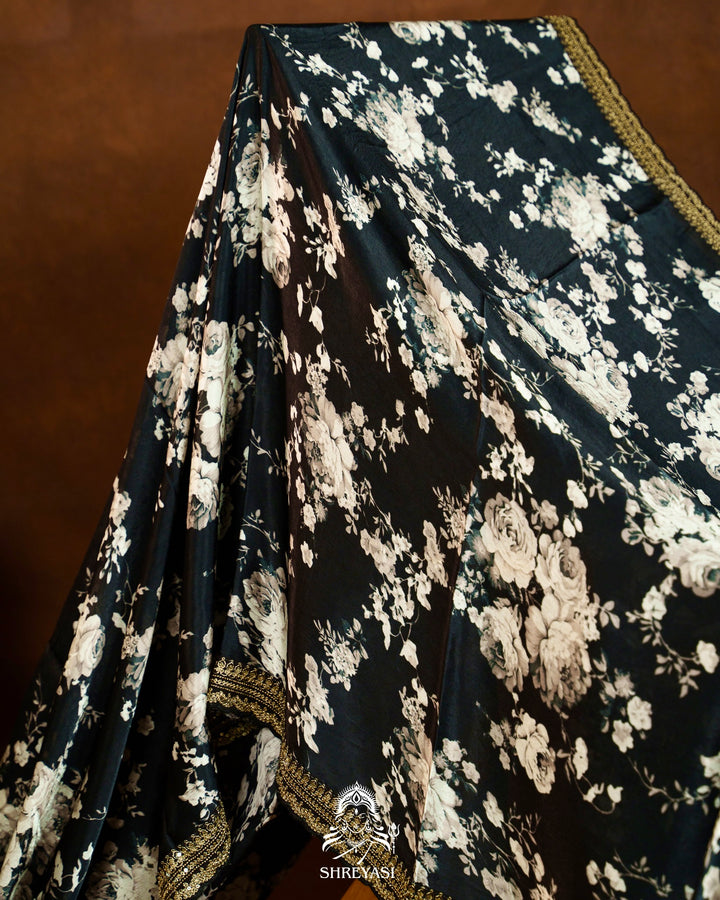 Midnight Noir Pure Chinon Satin Saree with Embroidered Borders