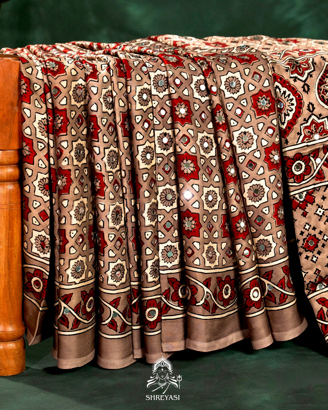 Mirror Work Pure Modal Silk Ajrakh Hand Block Printed Saree | Naturally Dyed Artisan Collection