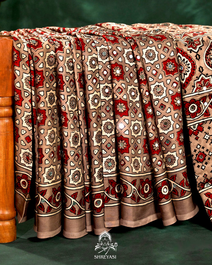 Mirror Work Pure Modal Silk Ajrakh Hand Block Printed Saree | Naturally Dyed Artisan Collection