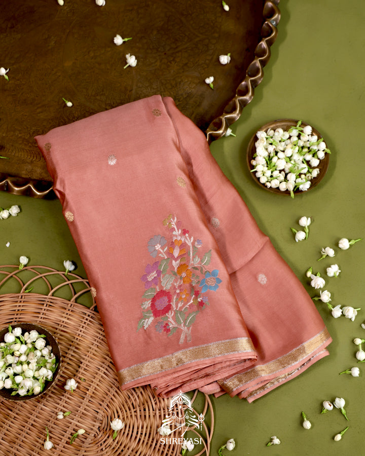 Handloom Pure Mashru Silk Saree with Sona Rupa Meenakari Bhutis and Nakshi Pallu