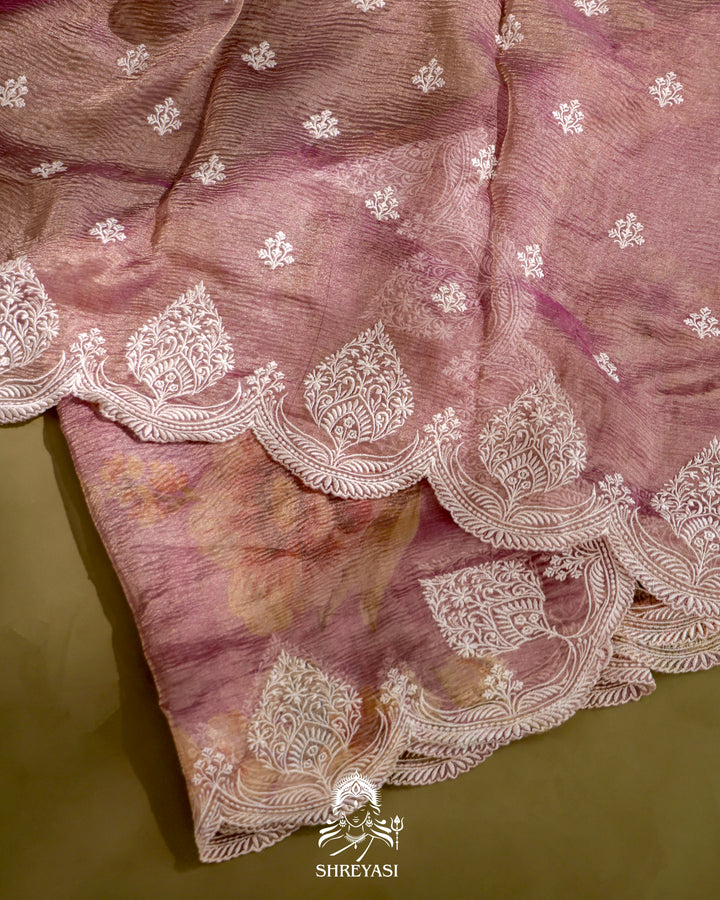 Handloom Pure Crushed Ektara Tissue Silk Saree with Floral Print and Scallop Embroidery