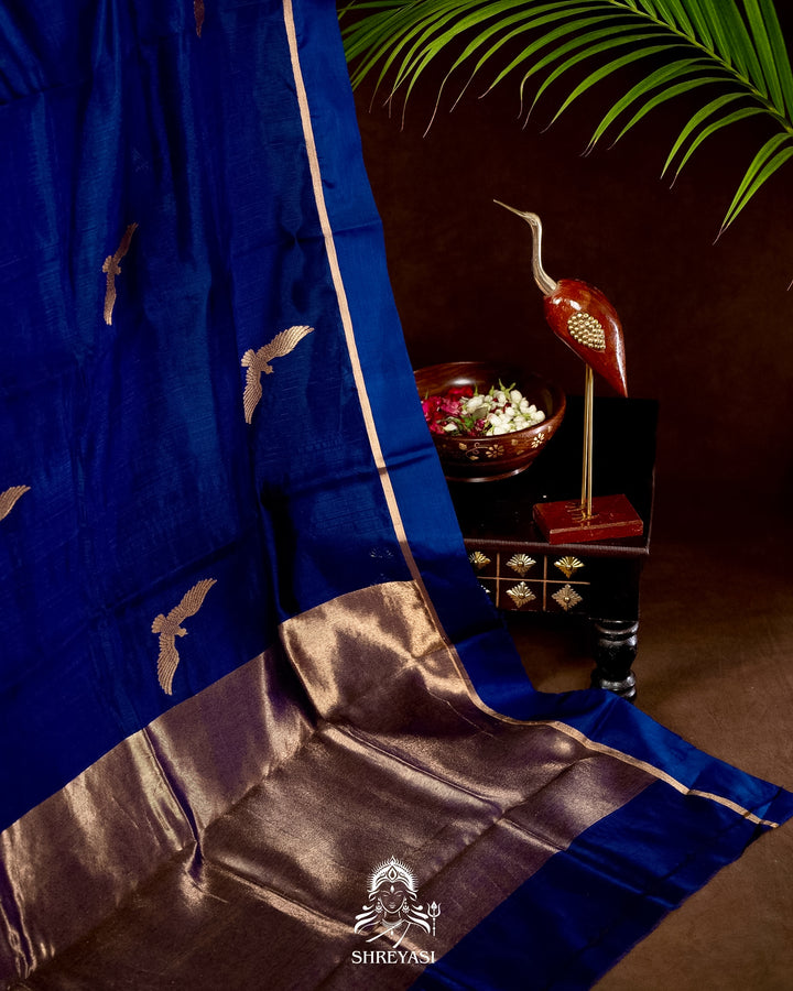 Handloom Pure Chanderi Pattu Silk Saree in Cobalt Blue with Bird Motifs