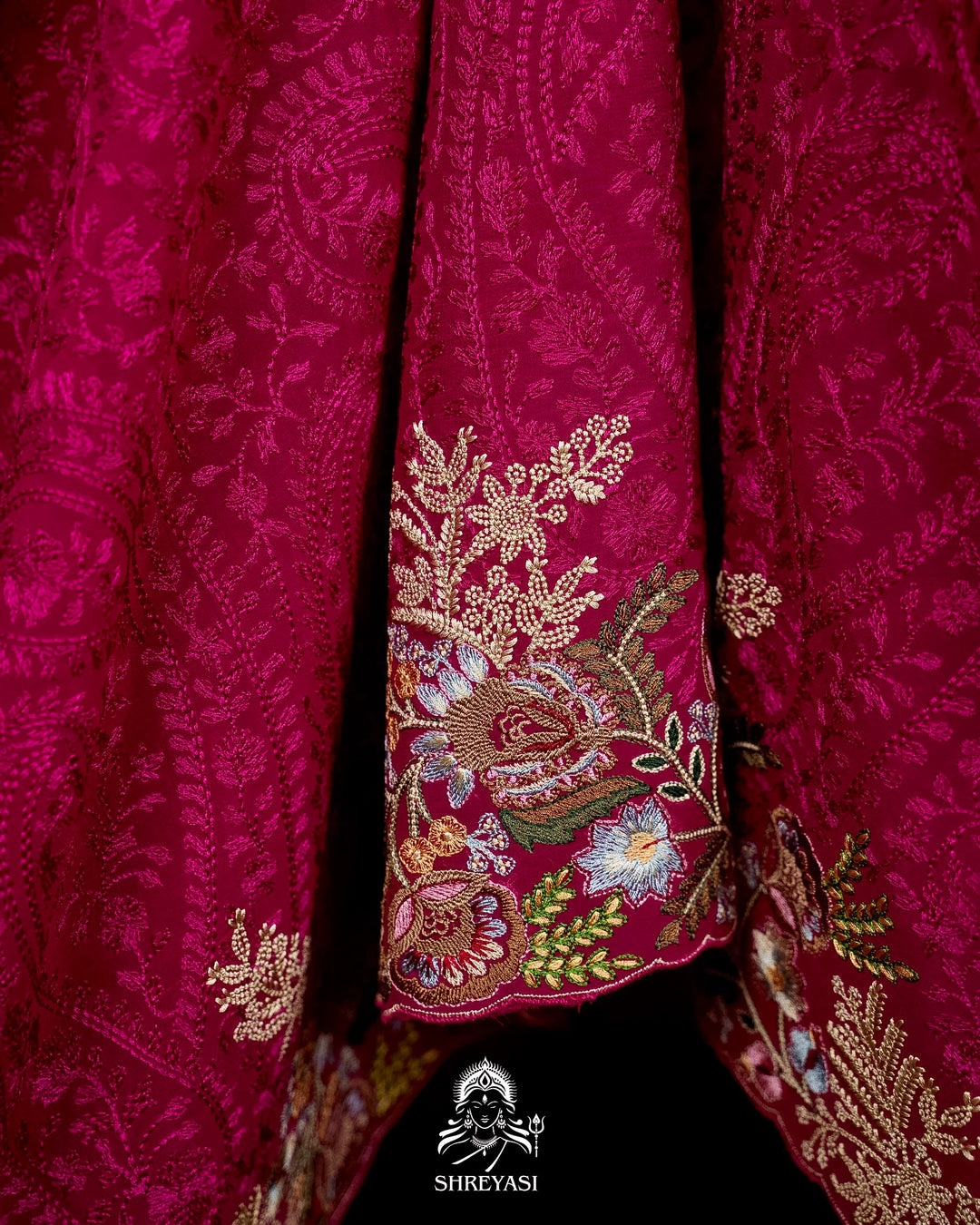 Premium Pure Georgette Chikankari Saree in Jewel Magenta with Embroidered Floral Borders