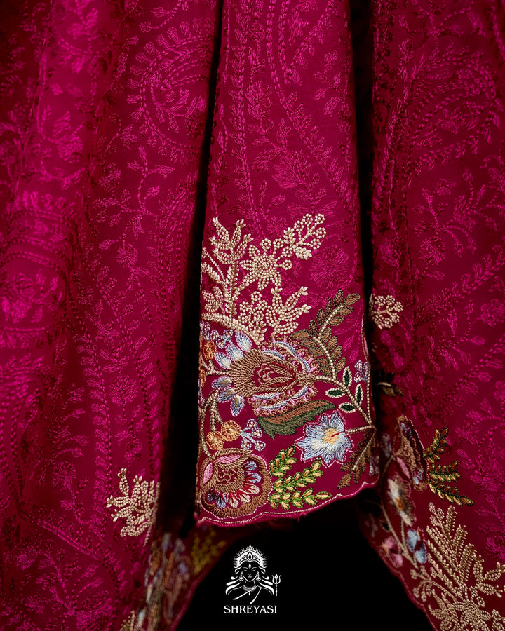Premium Pure Georgette Chikankari Saree in Jewel Magenta with Embroidered Floral Borders