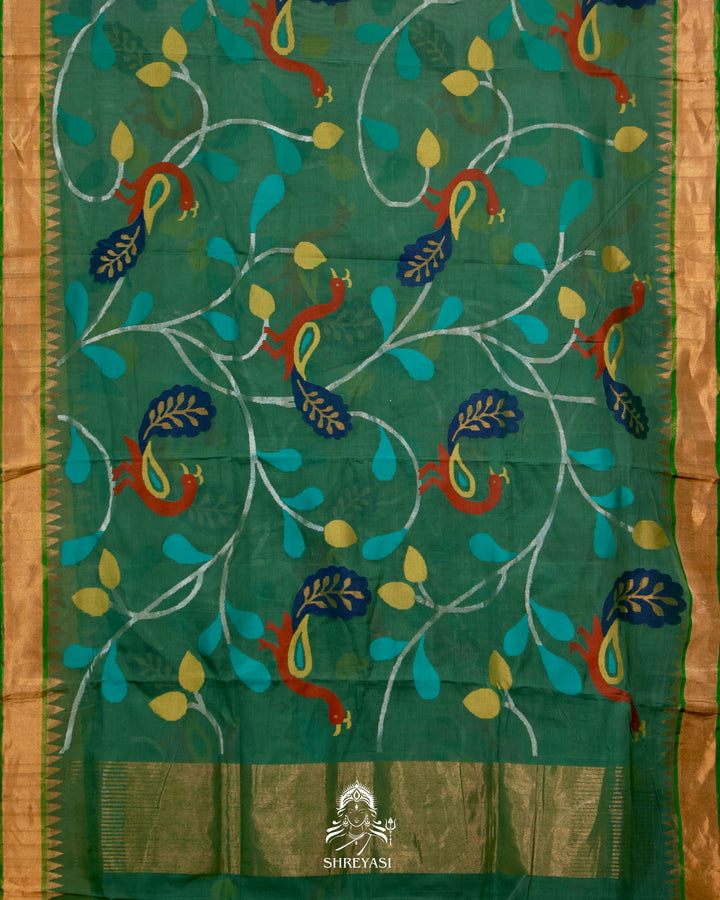 Handwoven Pure Ponduru Khadi Jamdani Saree with All-Over Peacock Vine Weave