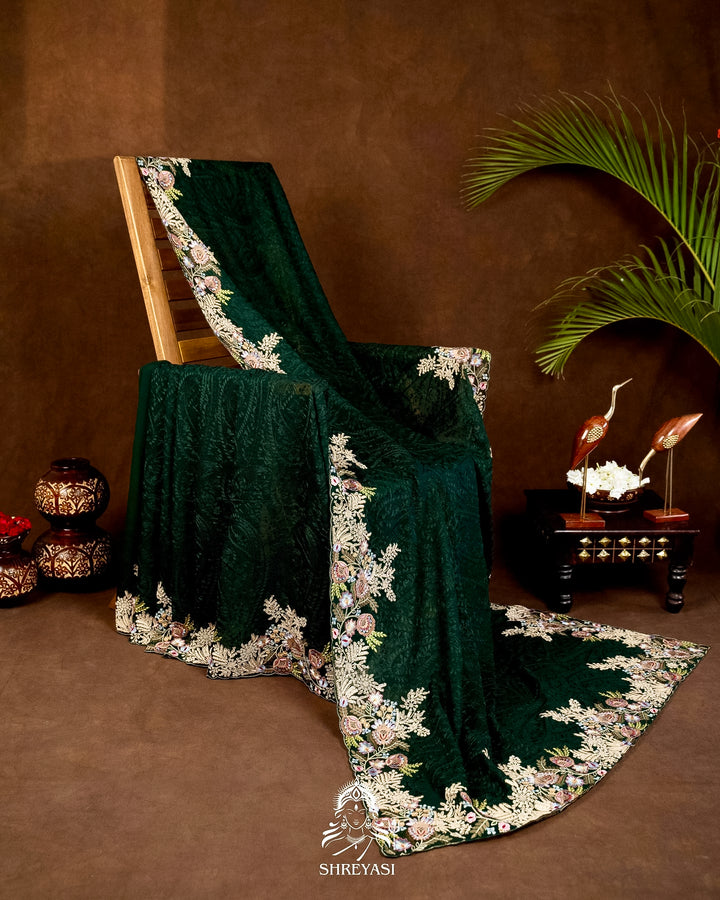 Premium Pure Georgette Chikankari Saree in Emerald Green with Embroidered Floral Borders