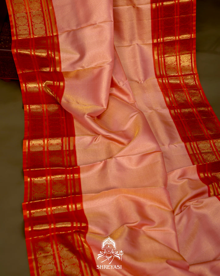 Handloom Pure Kanjivaram Silk Saree in Real Zari - Peach pink with Red and Orange Korvai Border
