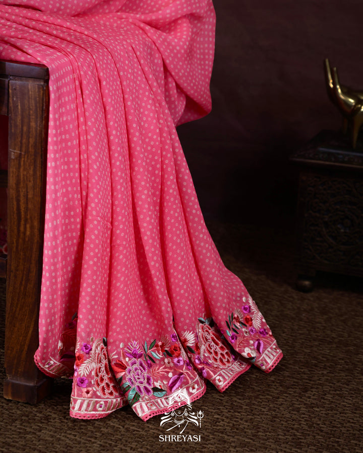 Pure Georgette Saree with Parsi Gara Style Embroidered Borders and Bandhej Body