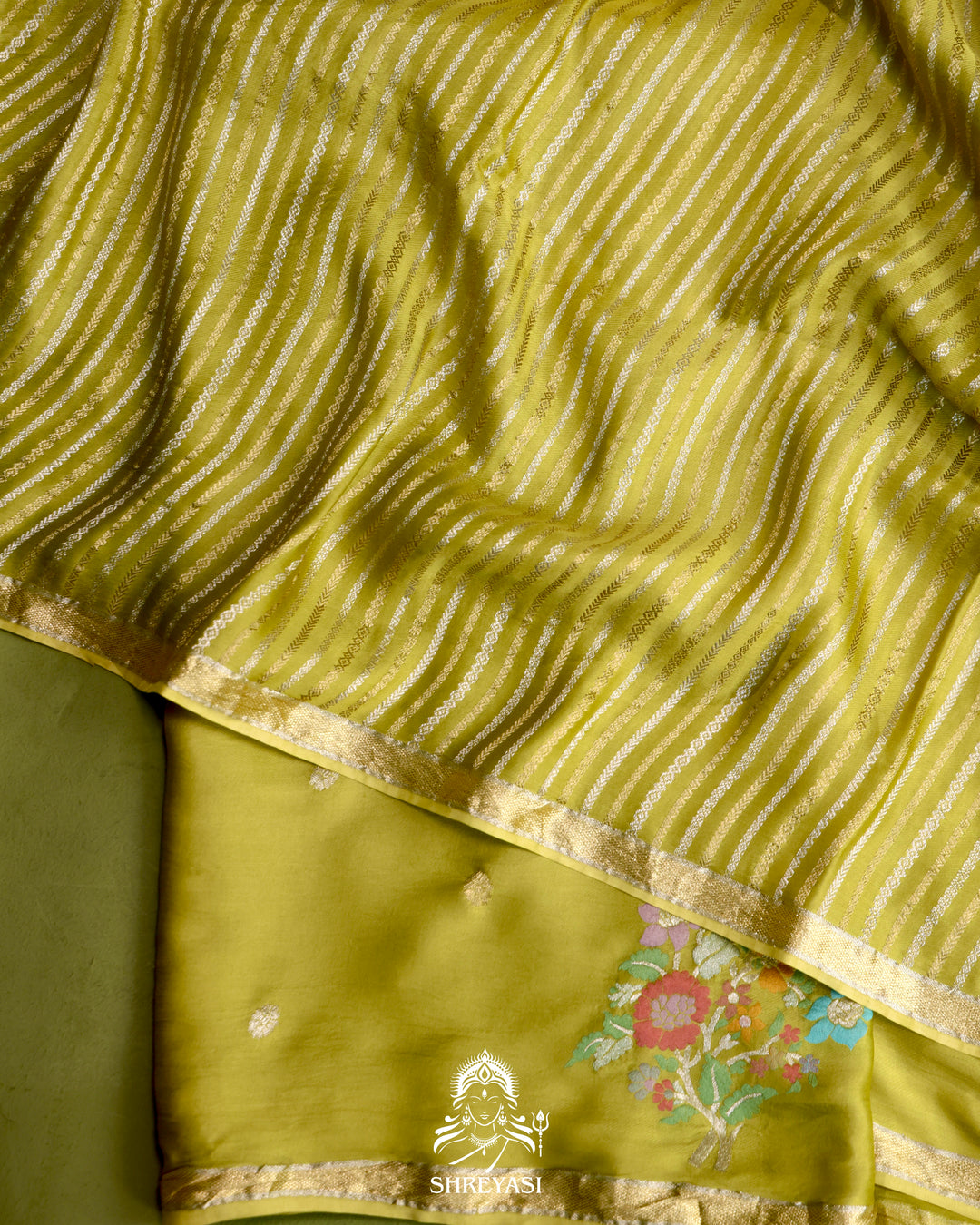 Handloom Pure Mashru Silk Saree with Sona Rupa Meenakari Bhutis and Nakshi Pallu
