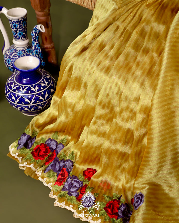 Chanderi Tissue Saree with Pita & Thread Floral Embroidery