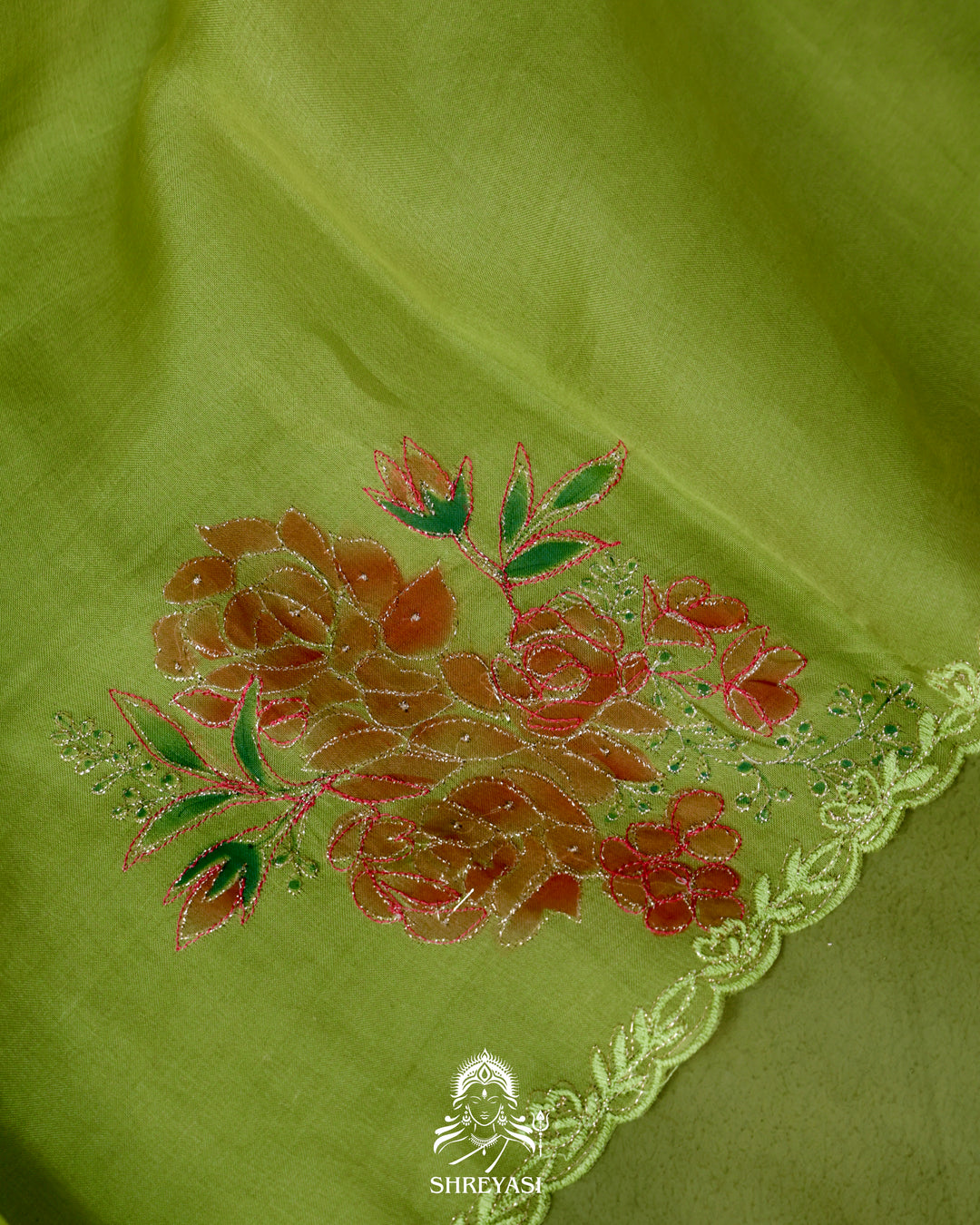 Hand Painted Floral Pure Organza Silk Saree with Pita Embroidery