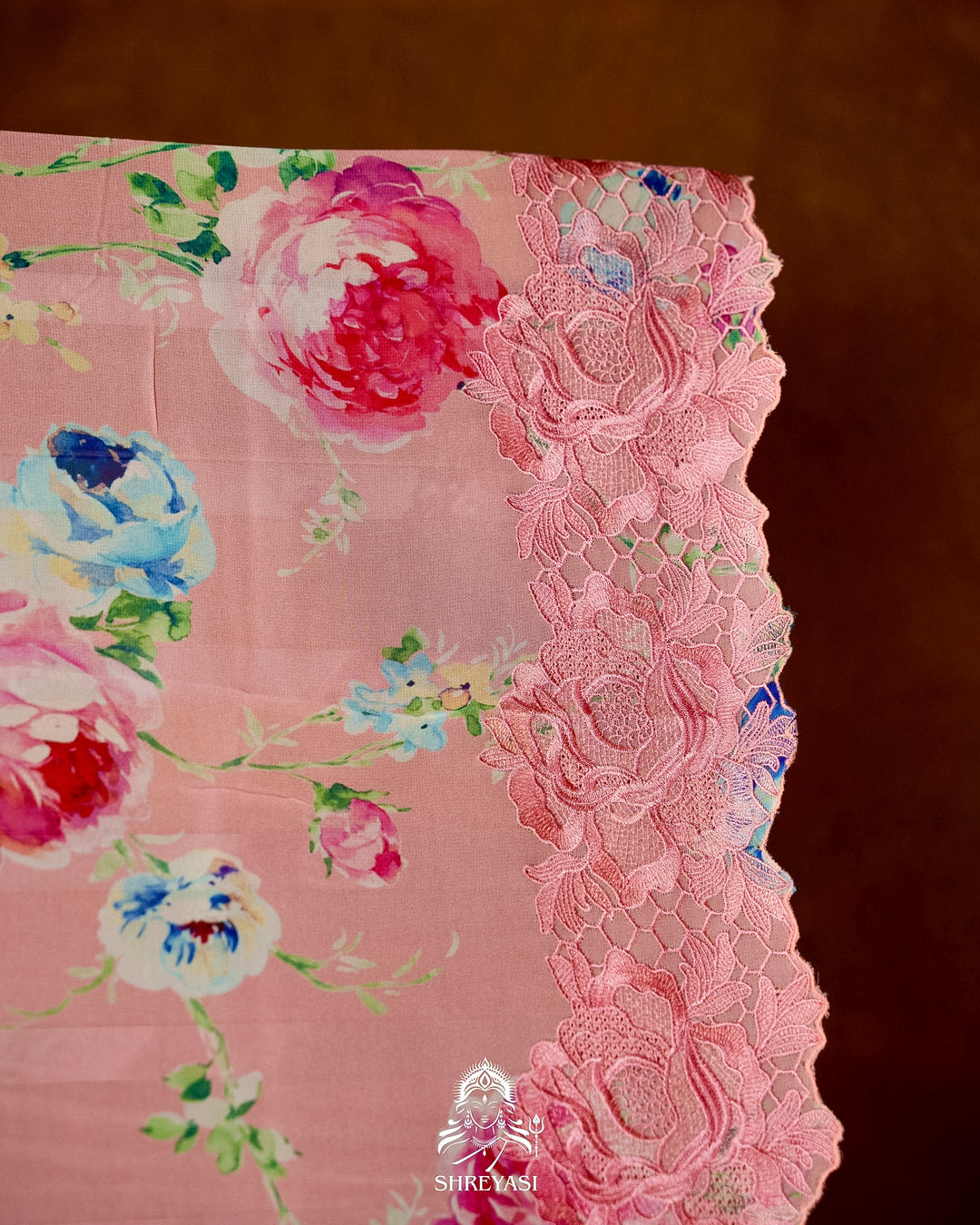 Pure Georgette Floral Saree with Chantilly Lace Embroidery Border