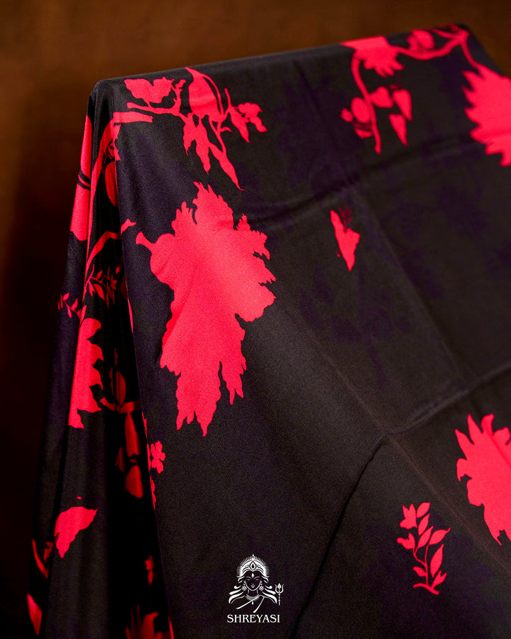 Pure Crepe Floral Saree in Black and Scarlet Red
