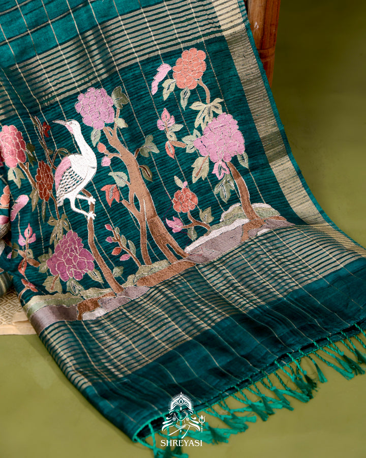 Pure Linen Tussar Silk Saree with Resham Embroidered Borders