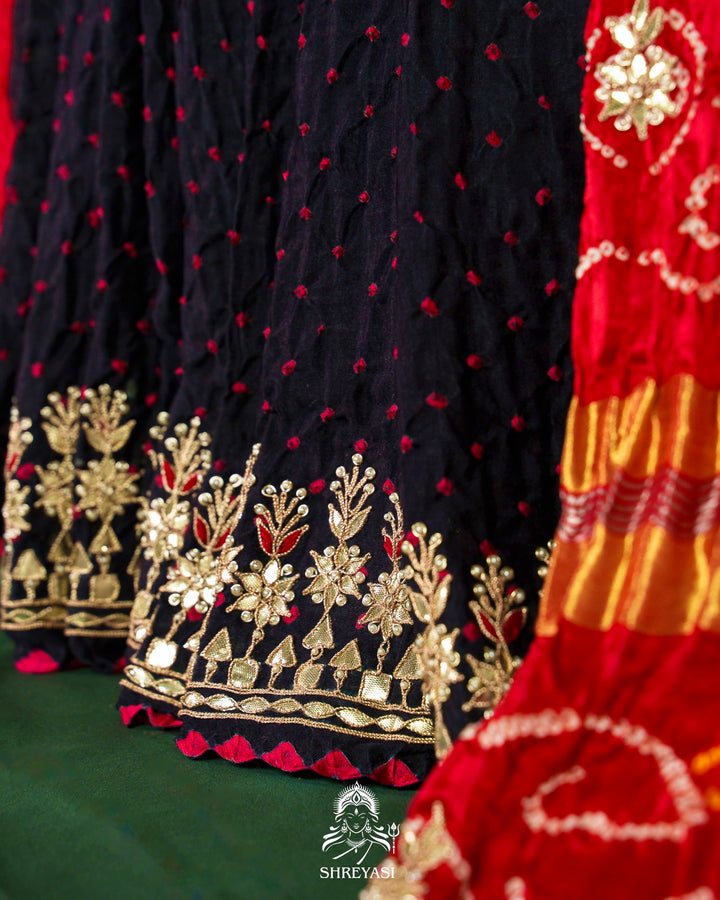Handloom Pure Gaji Silk Saree with Hand-Knotted Bandhej, Gharchola Pallu & Heavy Gota Patti Embroidery