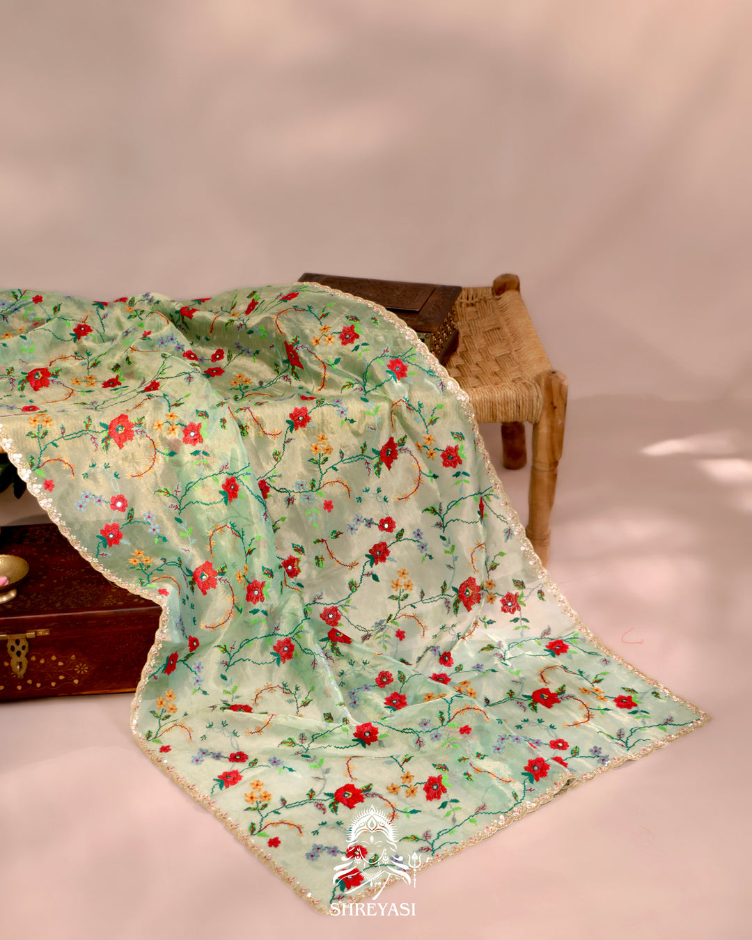 Organza Silk Saree with All-Over Petit Point Embroidery and Gotapatti Border