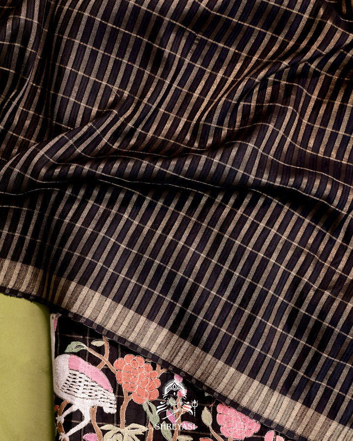 Pure Linen Tussar Silk Saree with Resham Embroidered Borders