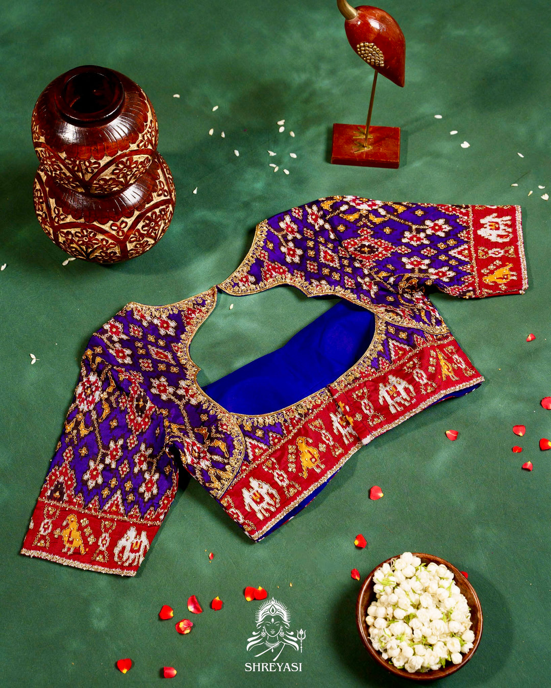 Handloom Pure Single Ikat Rajkot Patola Silk Blouse with Rich Hand Embroidery