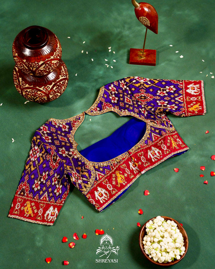 Handloom Pure Single Ikat Rajkot Patola Silk Blouse with Rich Hand Embroidery