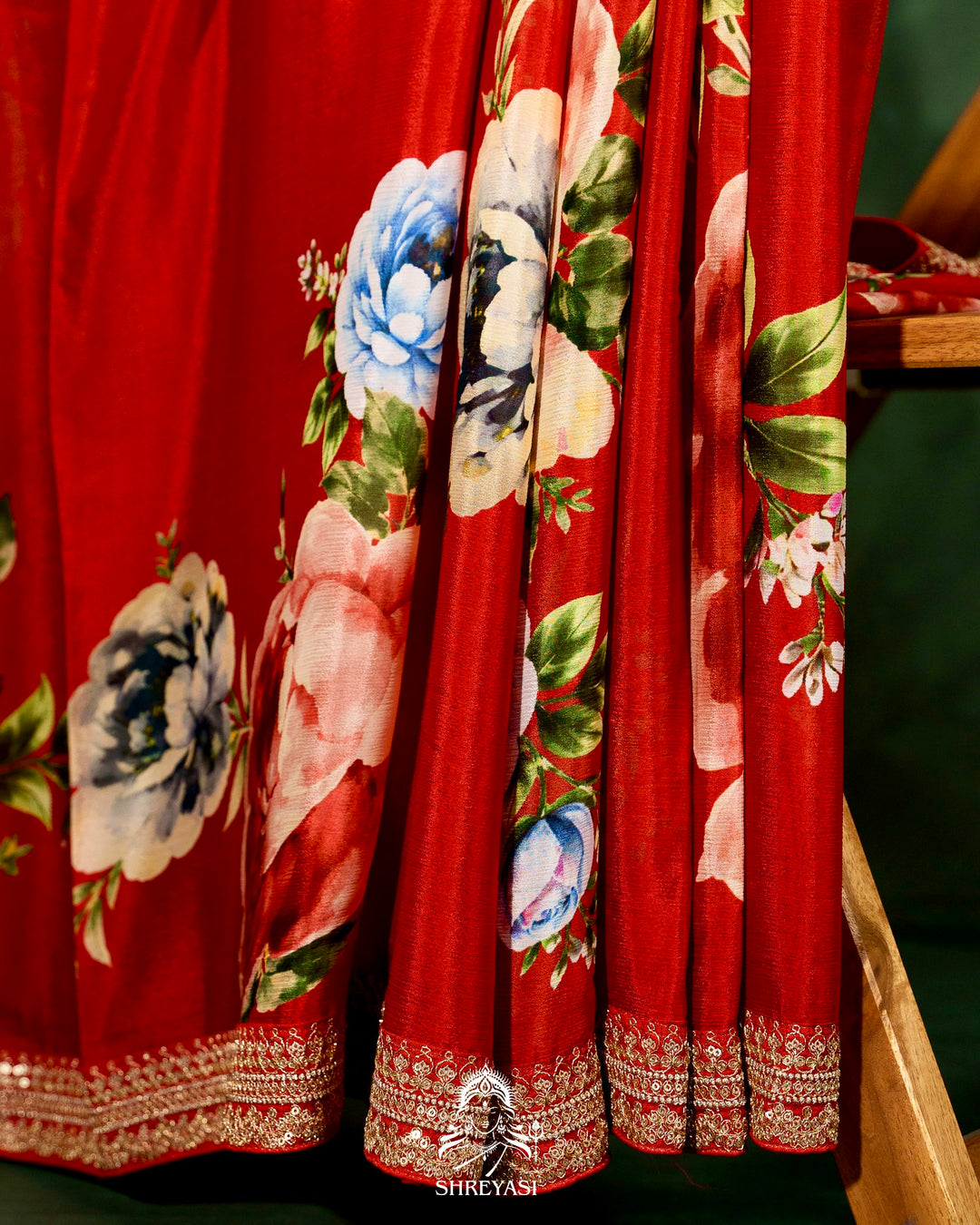 Pure Chinon Satin Silk Saree with Floral Print & Embroidered Border