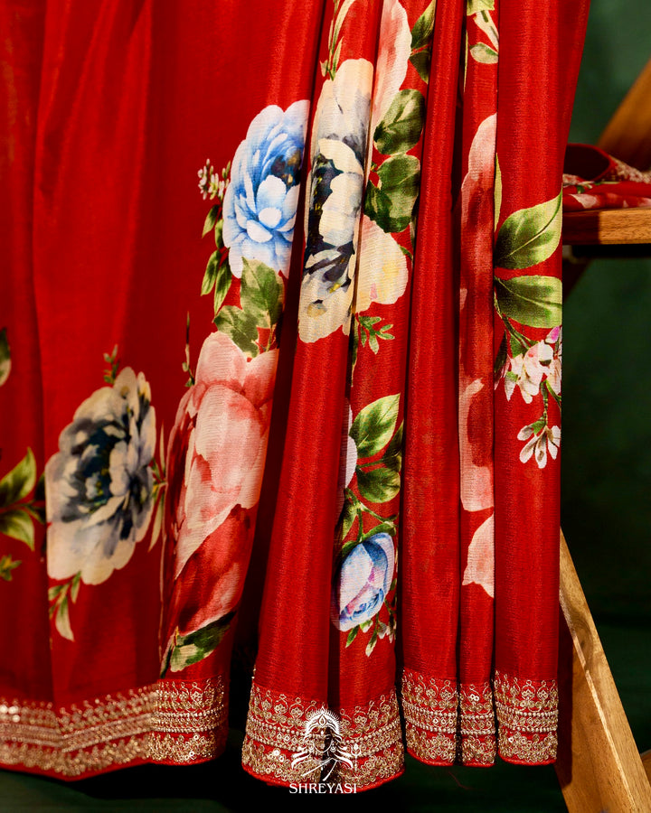 Pure Chinon Satin Silk Saree with Floral Print & Embroidered Border