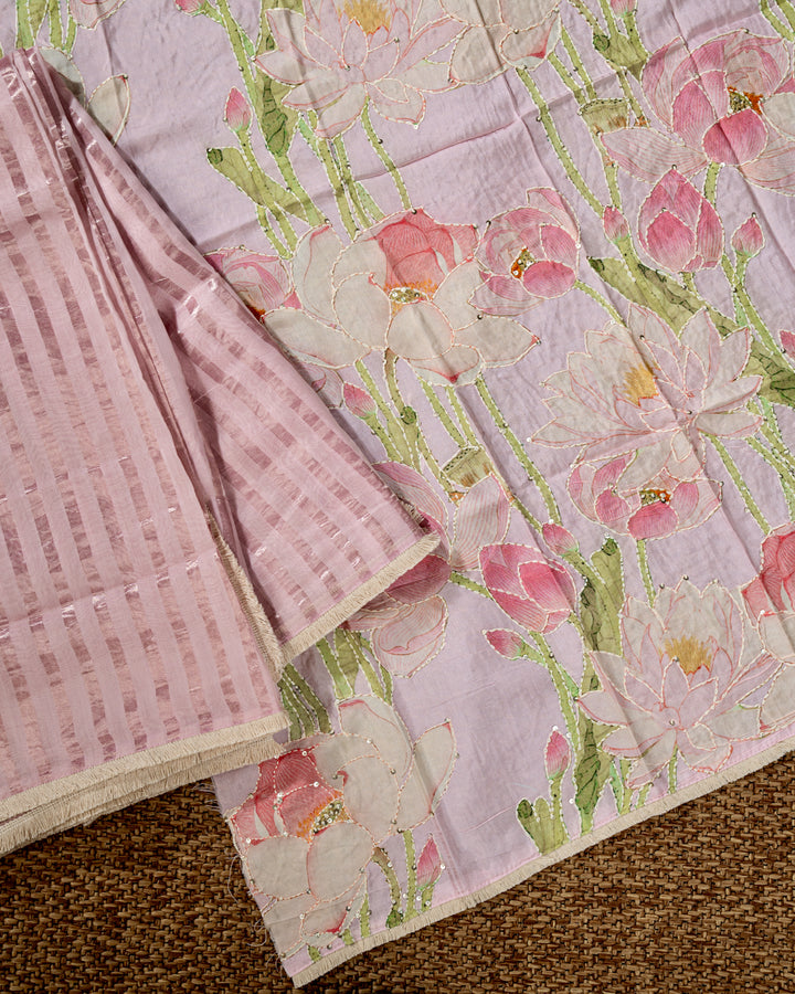 Handloom Pure Chanderi Silk Saree in Blush Pink with Silver Zari Stripes and Embroidered Floral Blouse