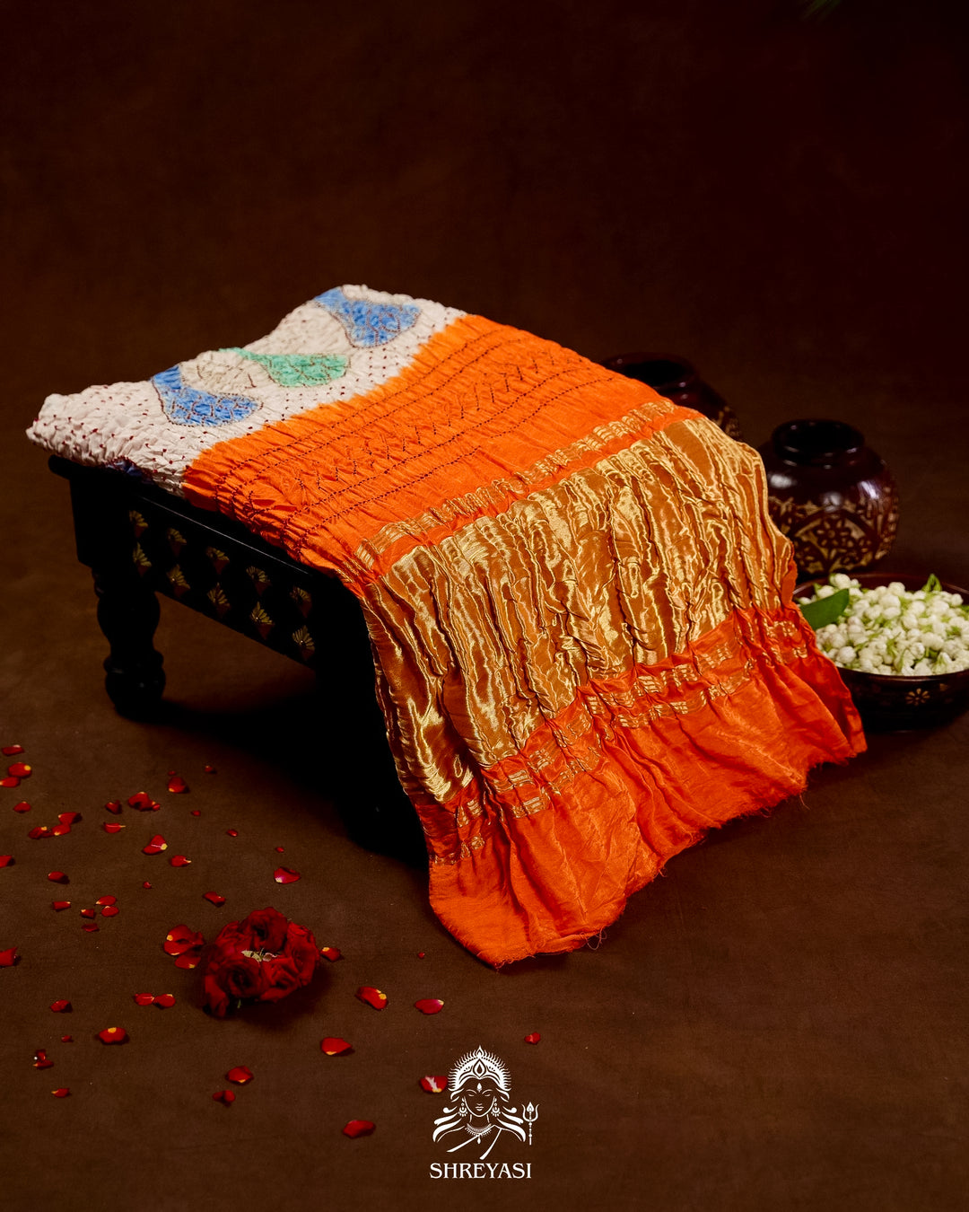 Pure Gaji Silk Designer Saree with Intricate Hand Knotted Bandhej Work