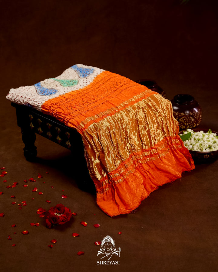 Pure Gaji Silk Designer Saree with Intricate Hand Knotted Bandhej Work