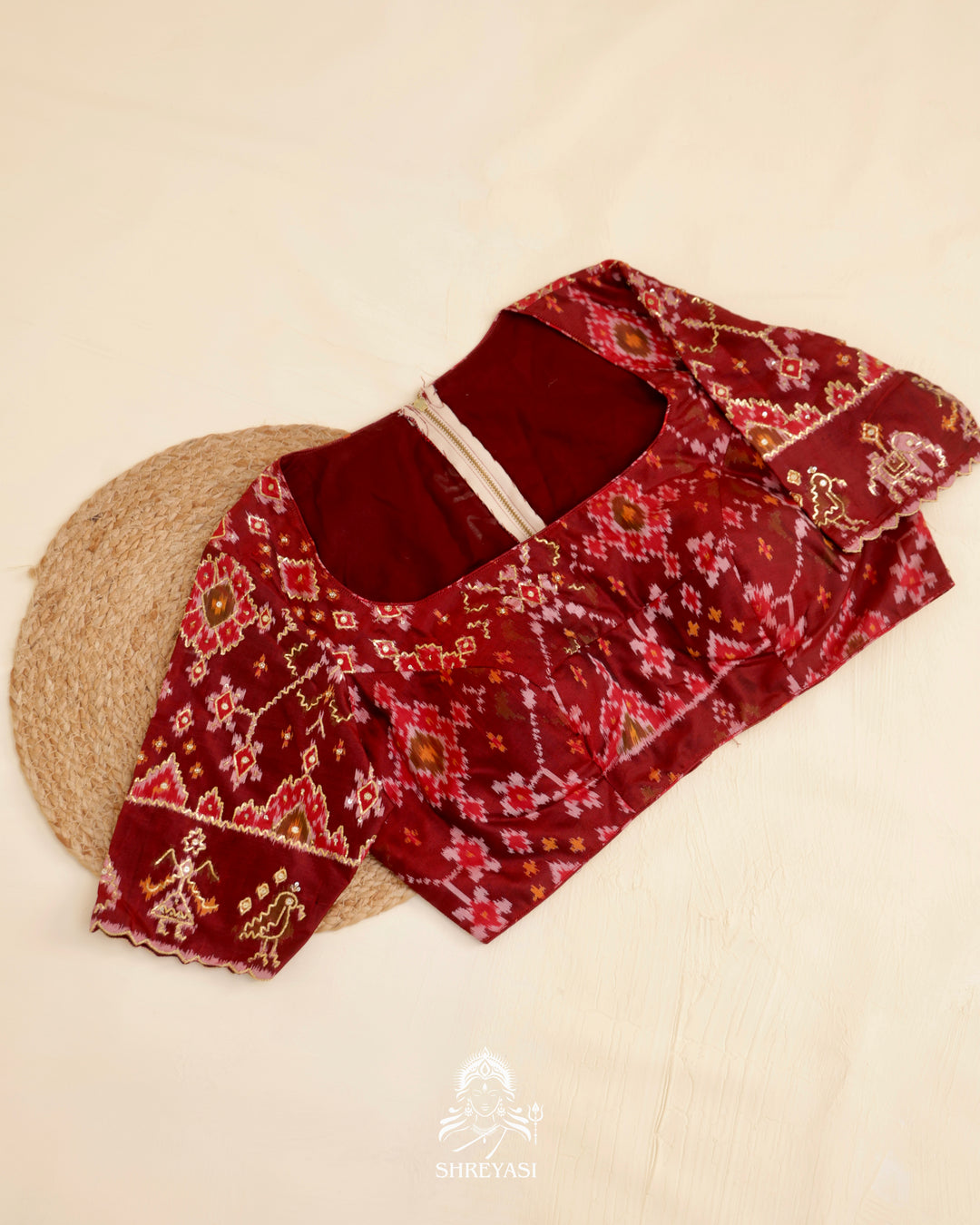 Rajkot Patola single ikat silk blouse with geometric motifs and pita embroidery